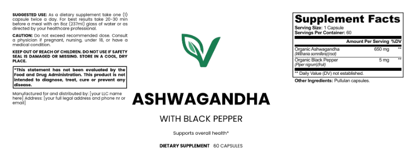 PureVita Ashwagandha label and supplement facts